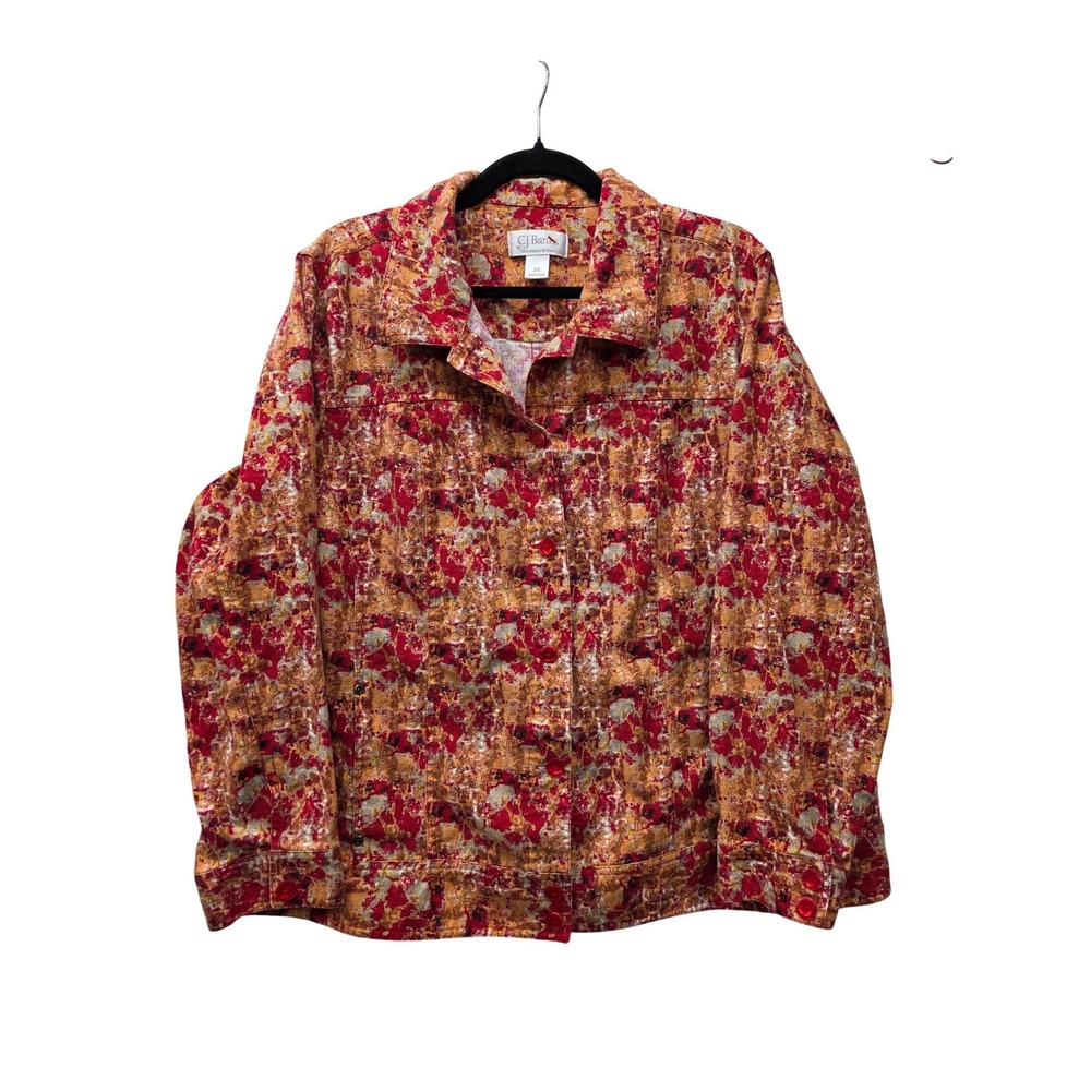 CJ Banks Womens 2X Linen Cotton Abstract Print Button Up Jacket Red Orange